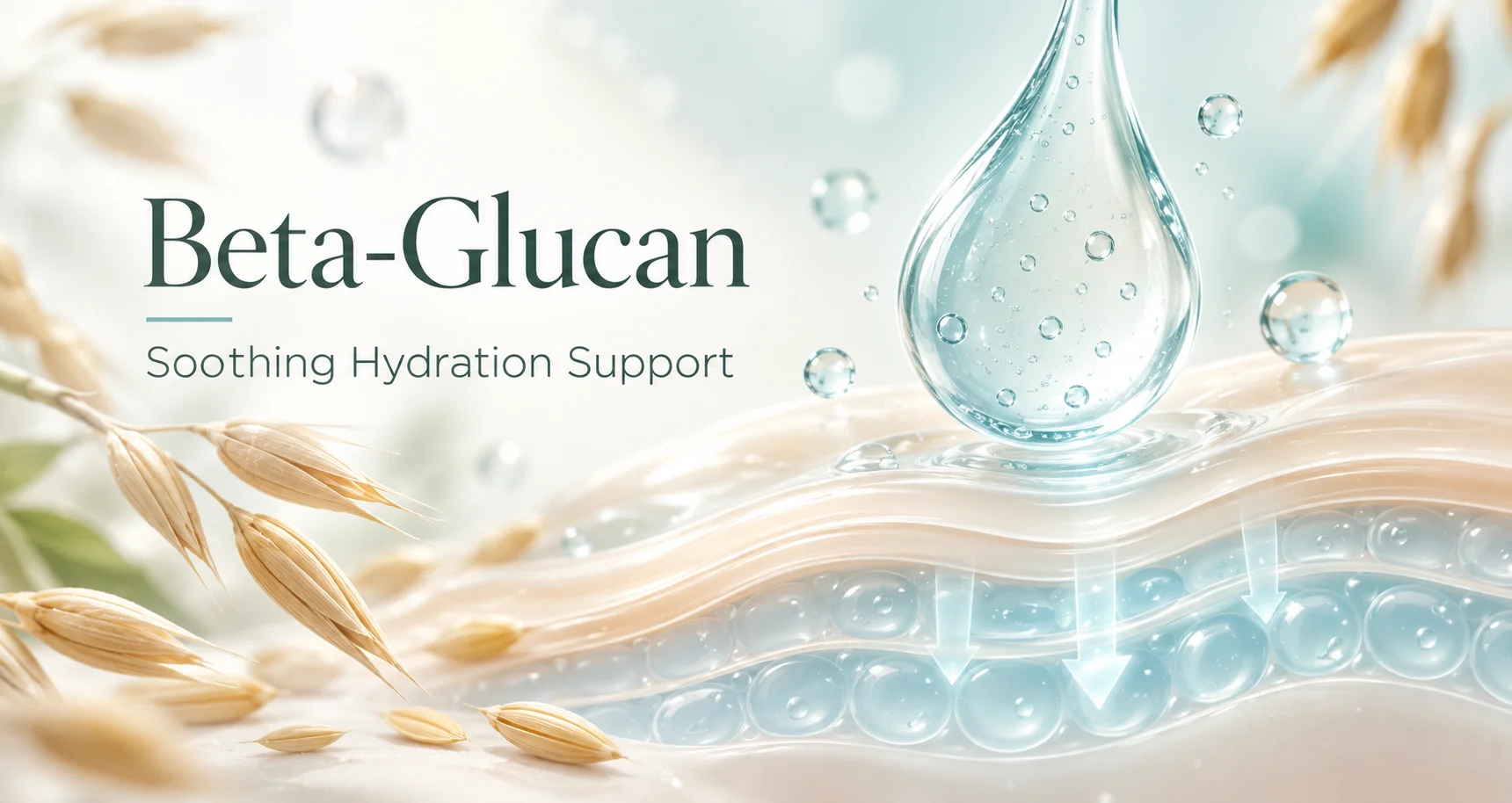 Illustration of beta-glucan with a large water droplet, layers of skin absorbing hydration, oats, and text reading 'Beta-Glucan Soothing Hydration Support'.